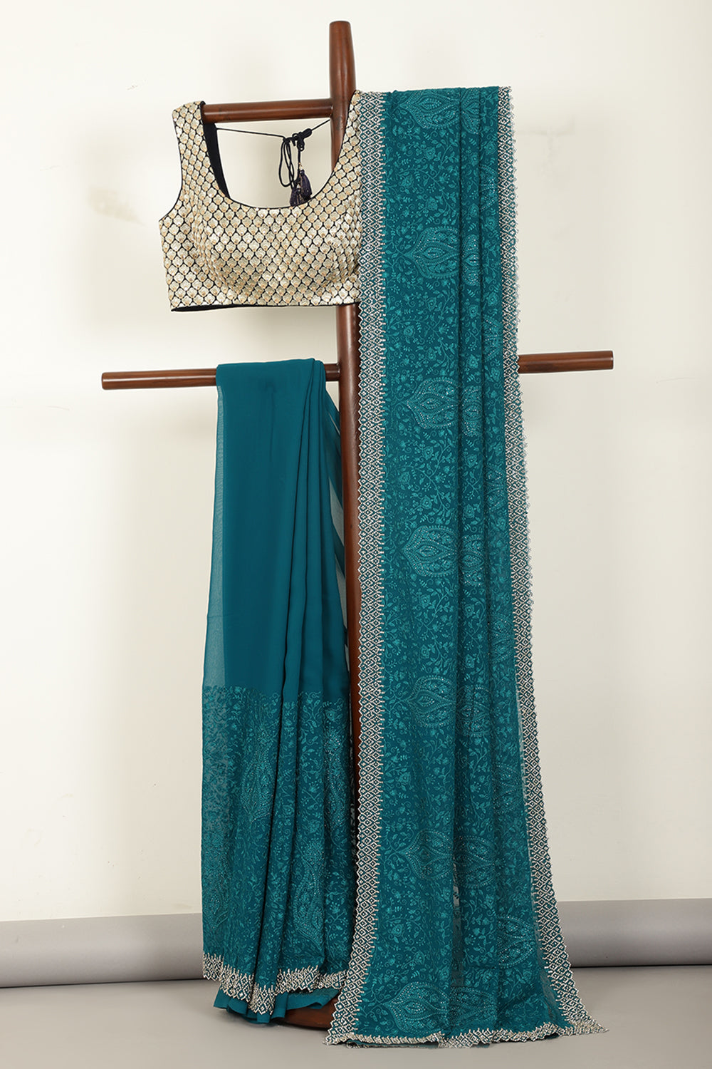 Teal Green Color Georgette Resham Floral Jal Woven And Swarovski Work Saree