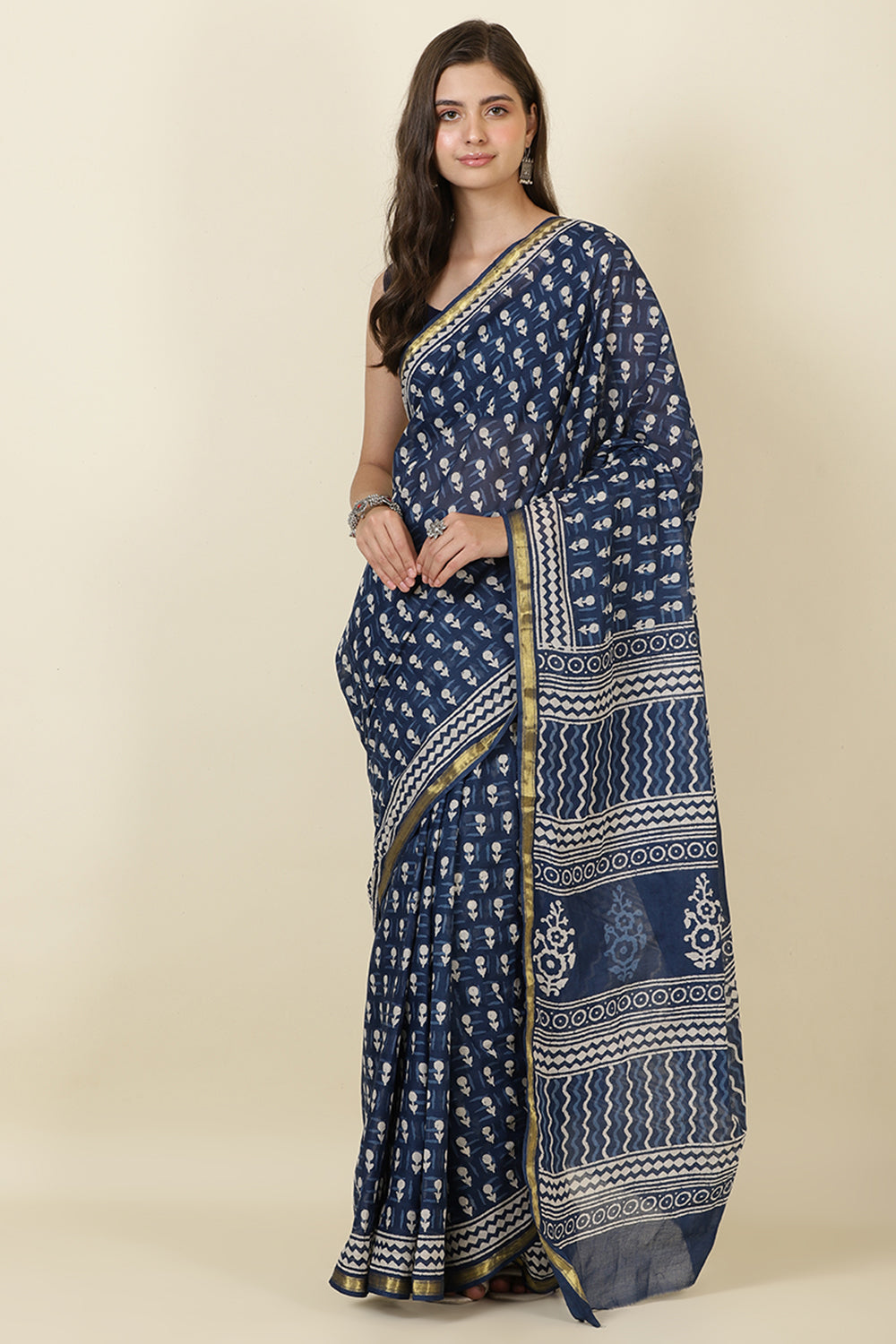 Indigo Blue Block Printed Cotton Saree