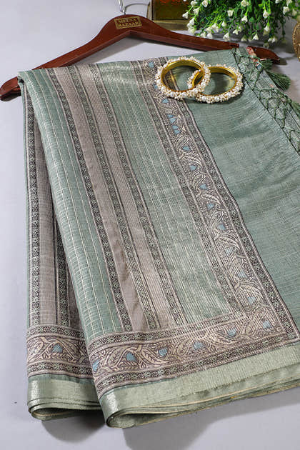 Sage Green Floral Printed Metallic Tissue Saree