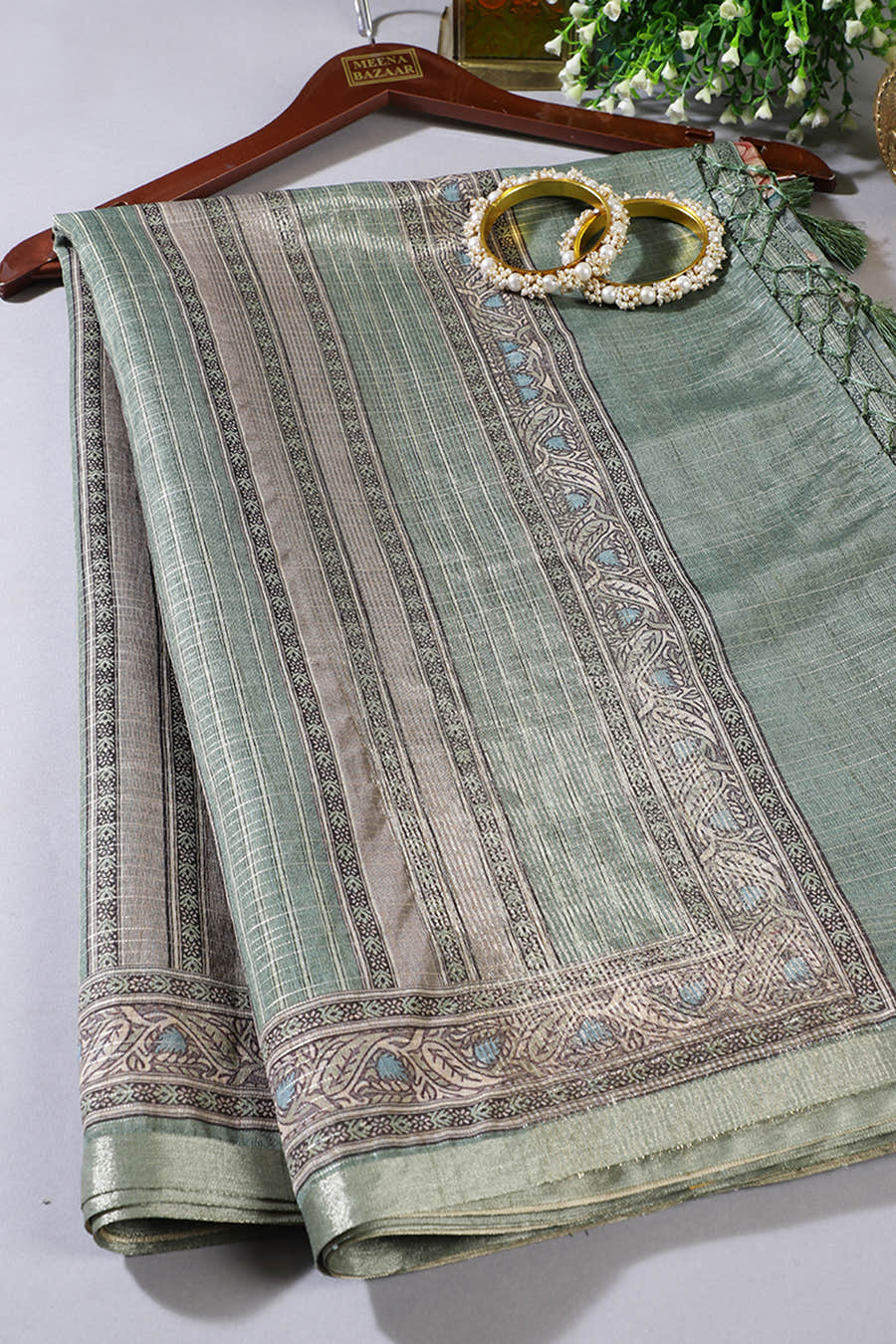 Sage Green Floral Printed Metallic Tissue Saree