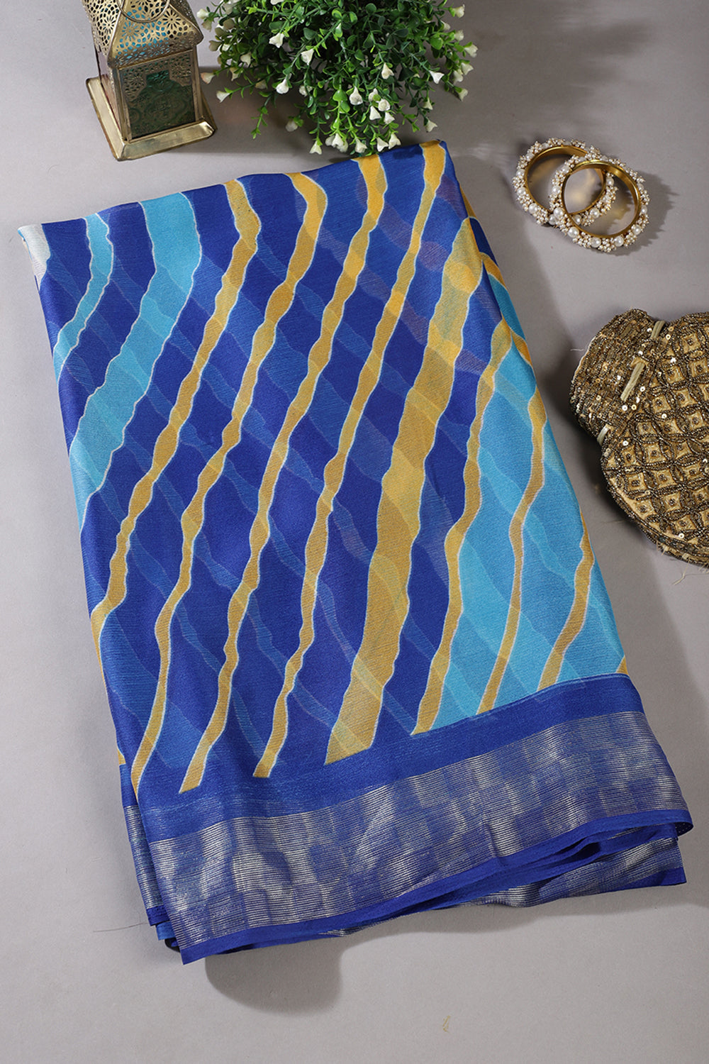 Blue & Yellow Color Chiffon Printed Saree