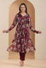 Dark Scarlet Color Crepe Alia-Cut Floral Printed Suit