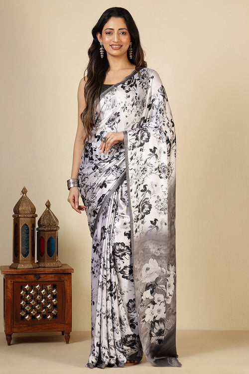 Black & White Floral Printed Crepe Silk Saree