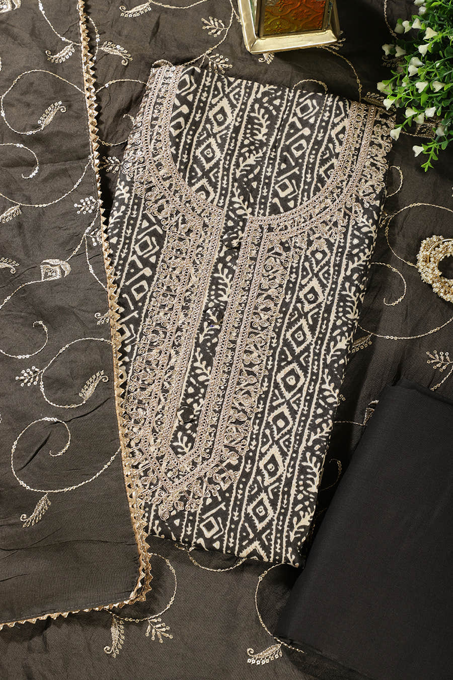 Grey Cotton Digital Printed & Neck Embroidered Unstitched Suit