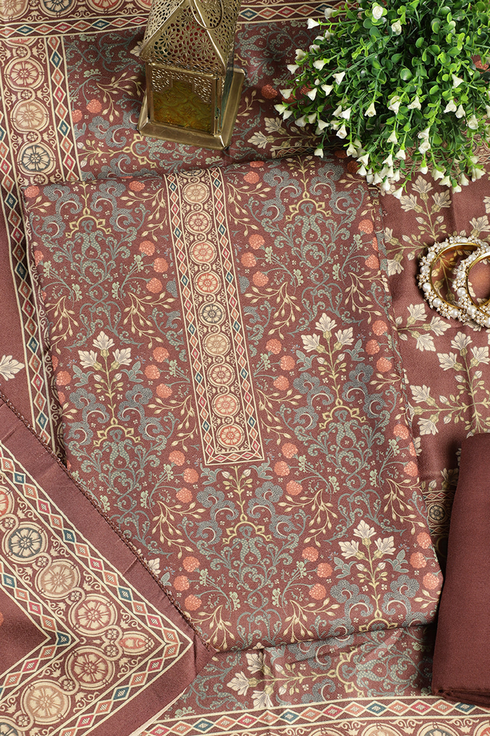 WIne Digital Printed Pashmina Unstitched Suit Fabric