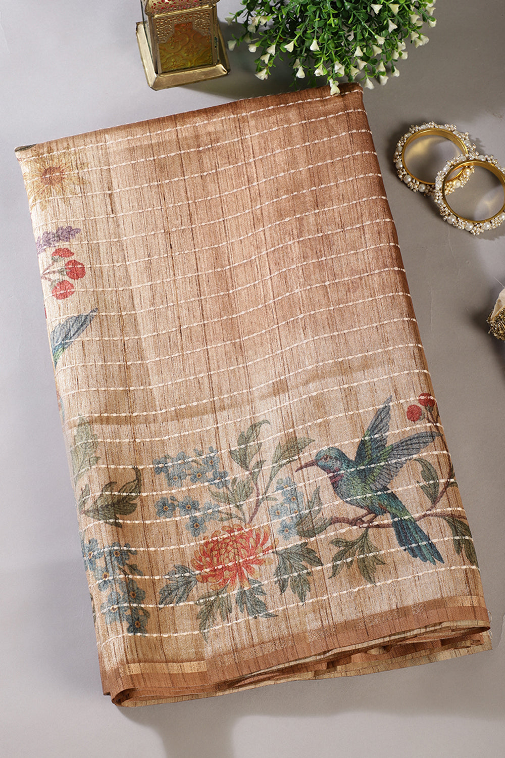 Brown Tussar Silk Printed Saree