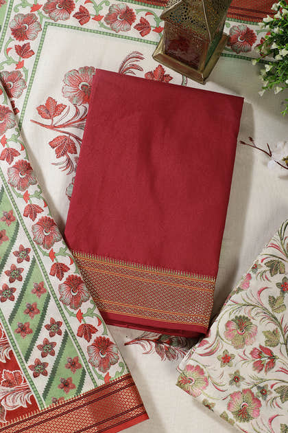 Maroon Cotton Unstitched Suit Material With Floral Printed Dupatta & Salwar