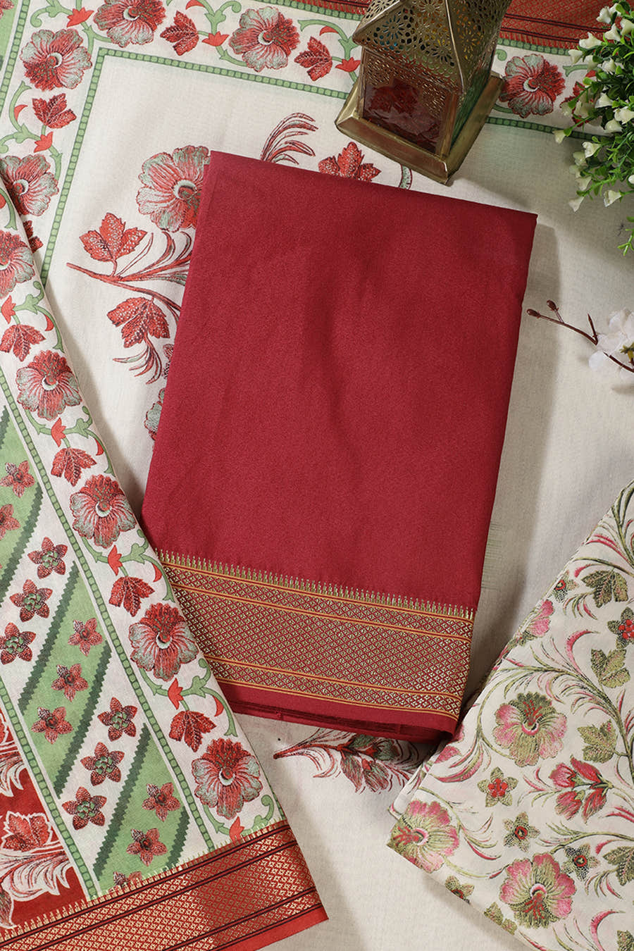 Maroon Cotton Unstitched Suit Material With Floral Printed Dupatta & Salwar