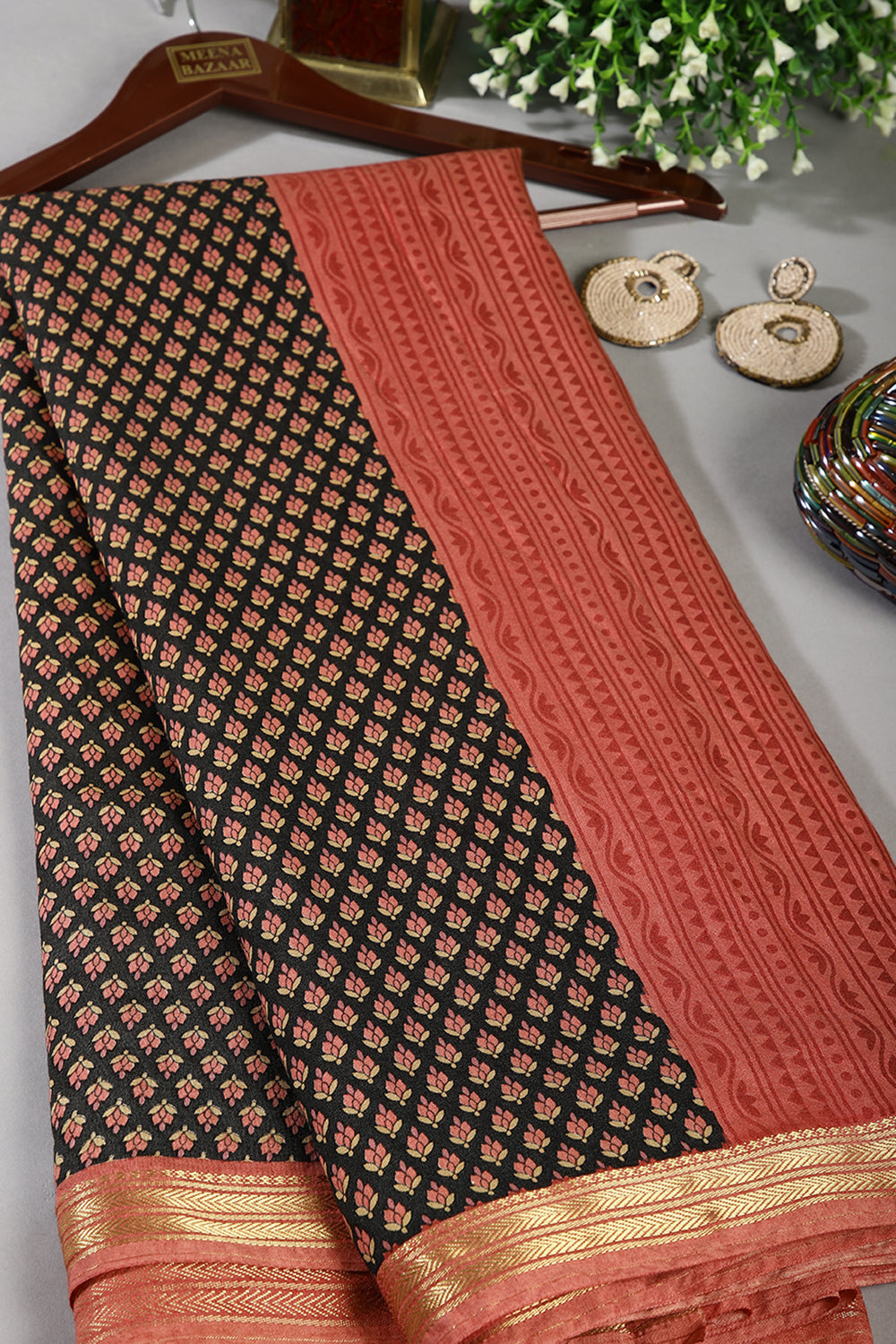 Black Color Cotton Printed Saree With Zari Border