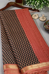 Black Color Cotton Printed Saree With Zari Border