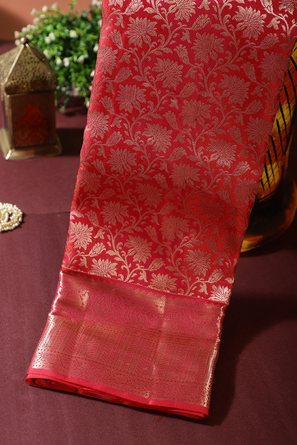 Valentine Red Color Banarasi Pure Silk Handloom Gold Zari Saree with Jangla Pattern