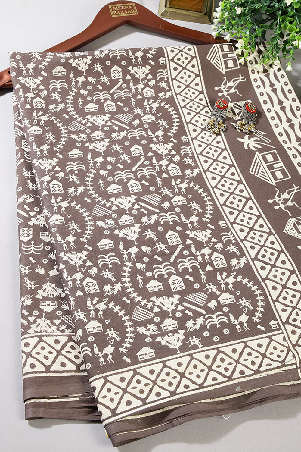 Light Brown Color Cotton Folk Printed Saree