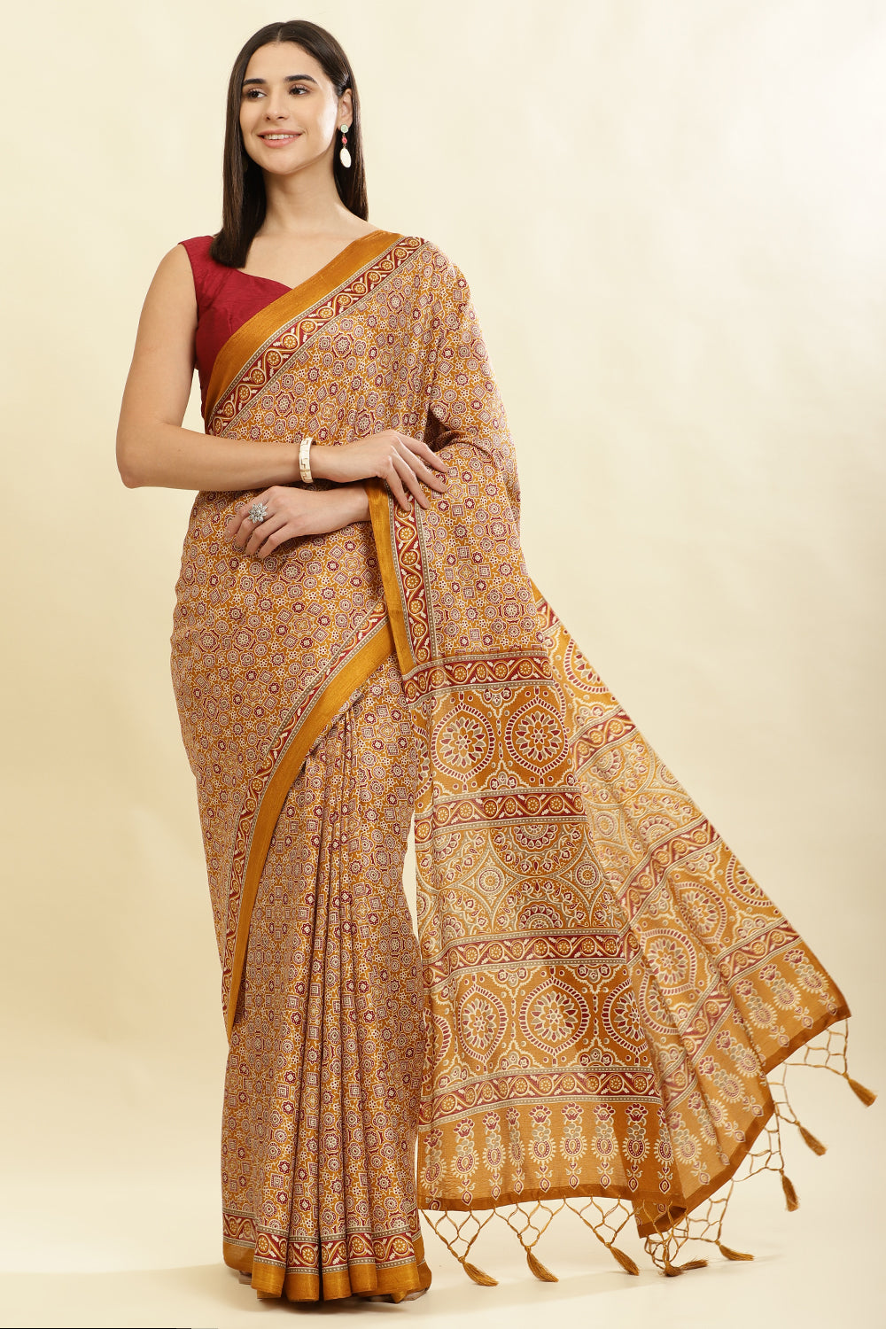 Mustard Cotton Silk Ajrakh Block Printed Saree
