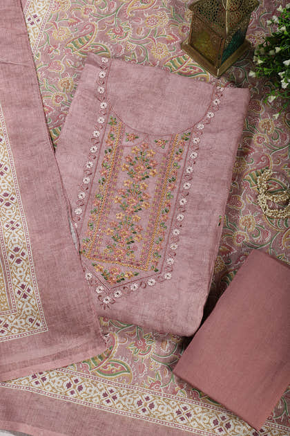 Dusty Pink Cotton Resham Embroidered Unstitched Suit