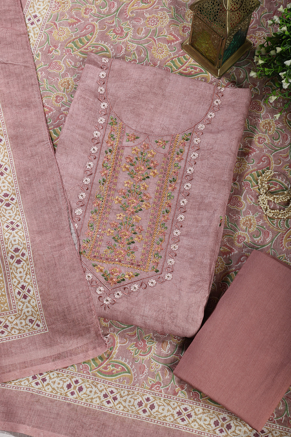 Dusty Pink Cotton Resham Embroidered Unstitched Suit