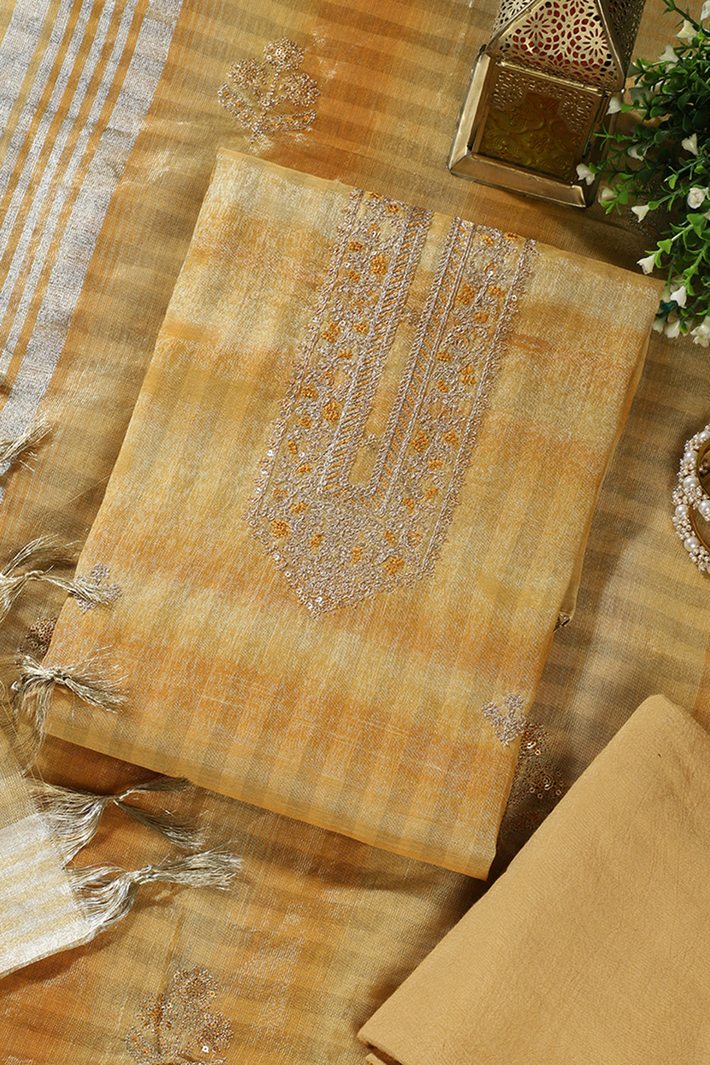 Mustard Tissue Silk Zari And Resham Embroidered Unstitched Suit Material