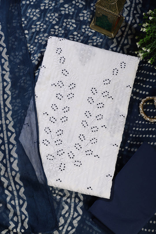 White Cotton Resham Embroidered Unstitched Suit Material