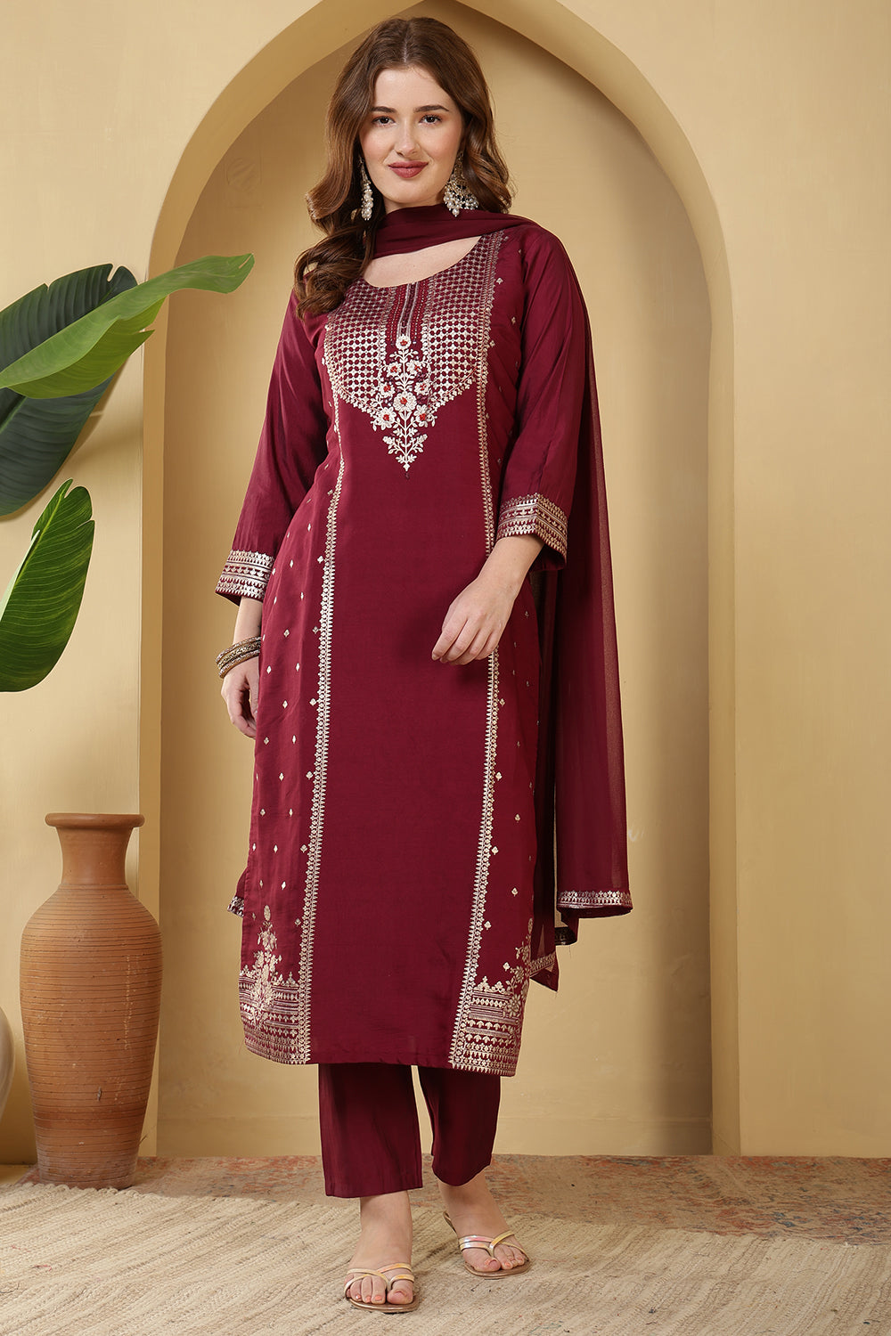 Burgundy Color Cotton Silk Printed & Neck Embroidered Suit