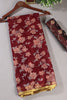 Dark Scarlet Zari Border & Floral Printed Chiffon Saree