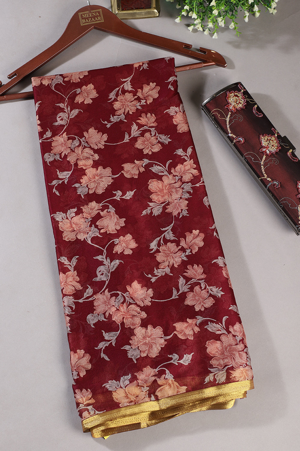 Dark Scarlet Zari Border & Floral Printed Chiffon Saree