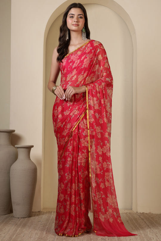 Cardinal Red Chiffon Floral Zari Border & Floral Printed Saree