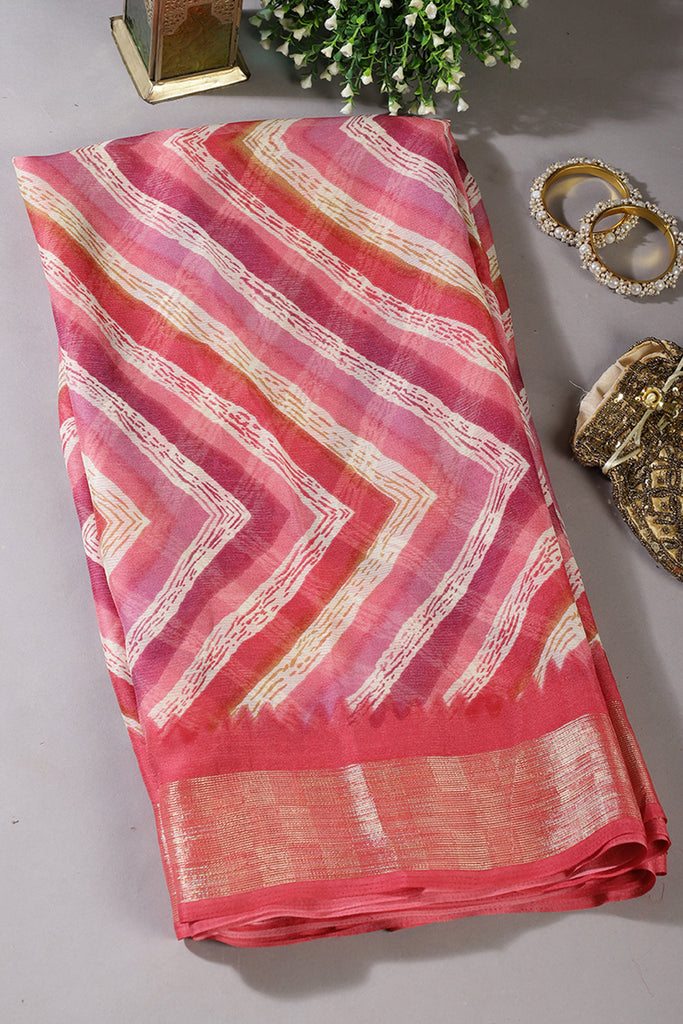 Coral Pink Chiffon Lehariya Printed Saree