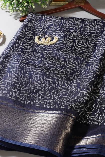 Navy Colour Printed & Woven Cotton Silk Saree