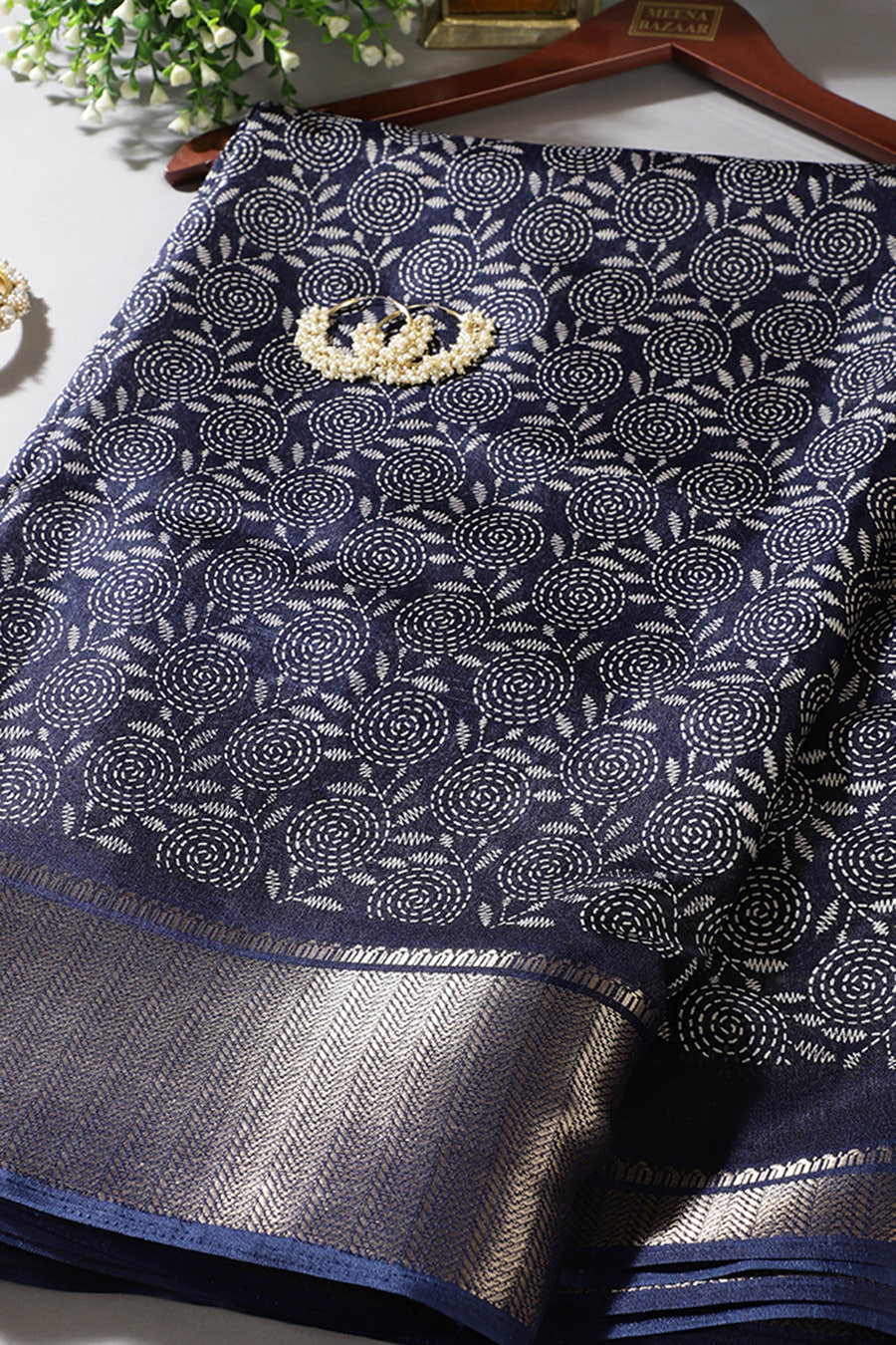 Navy Colour Printed & Woven Cotton Silk Saree