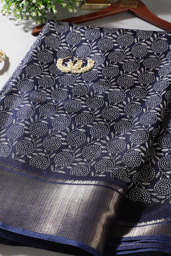 Navy Colour Printed & Woven Cotton Silk Saree