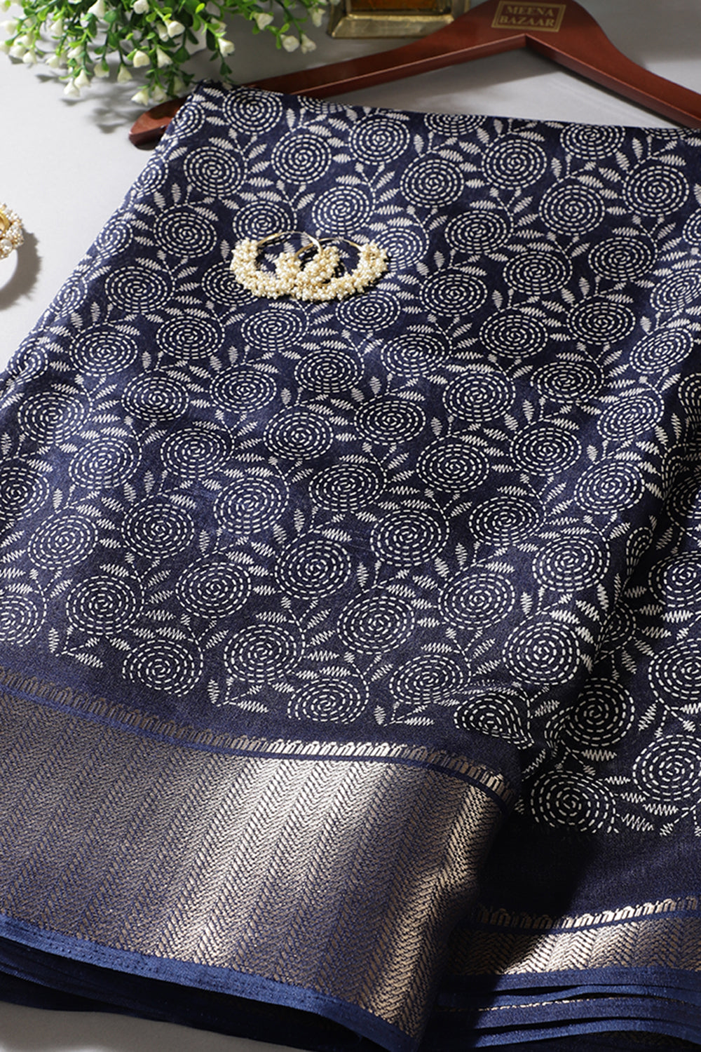 Navy Colour Printed & Woven Cotton Silk Saree