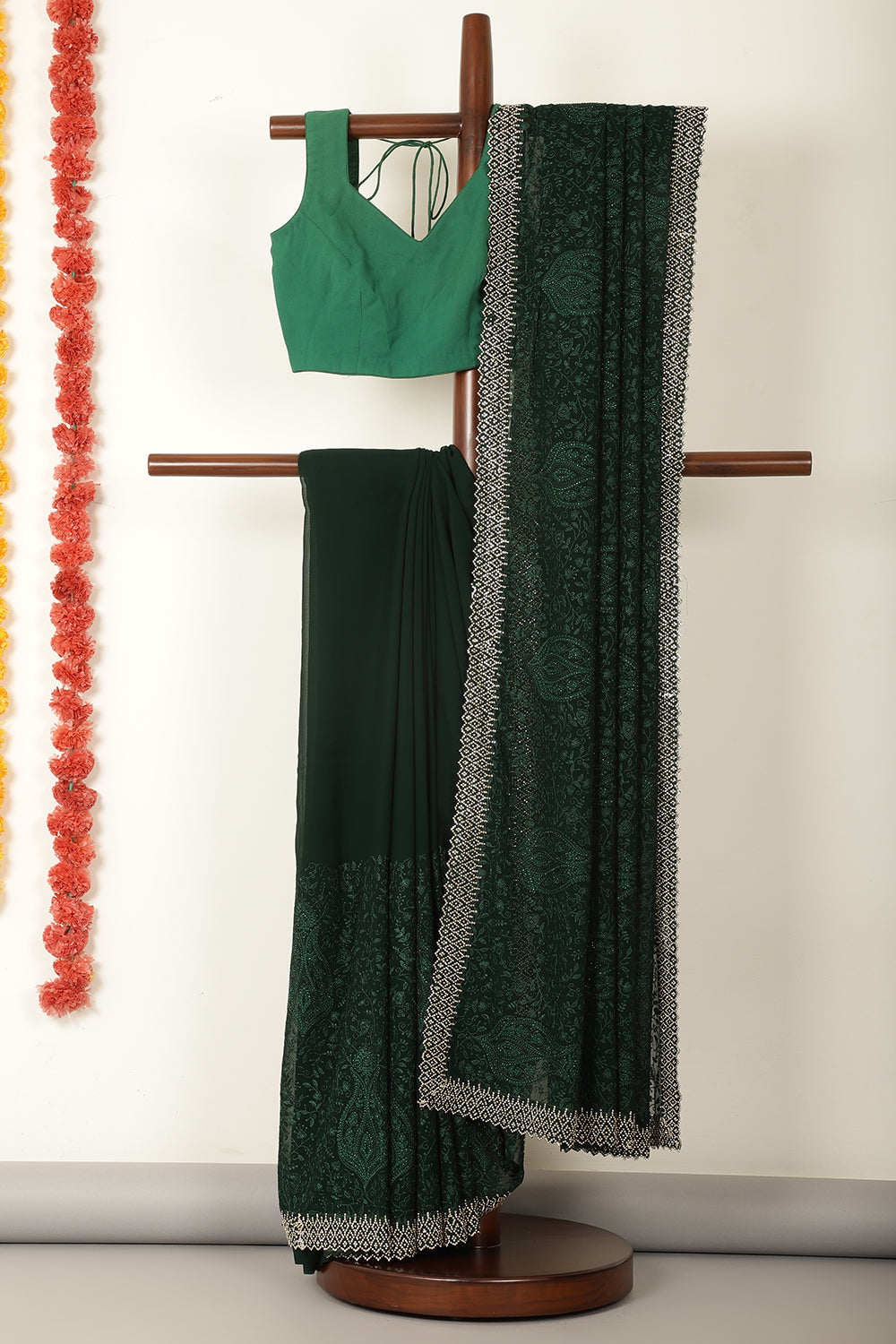 Bottle Green Georgette Resham Floral Jal Woven And Swarovski Work Saree