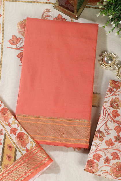 Peach Cotton Unstitched Suit Material With Floral Printed Dupatta & Salwar