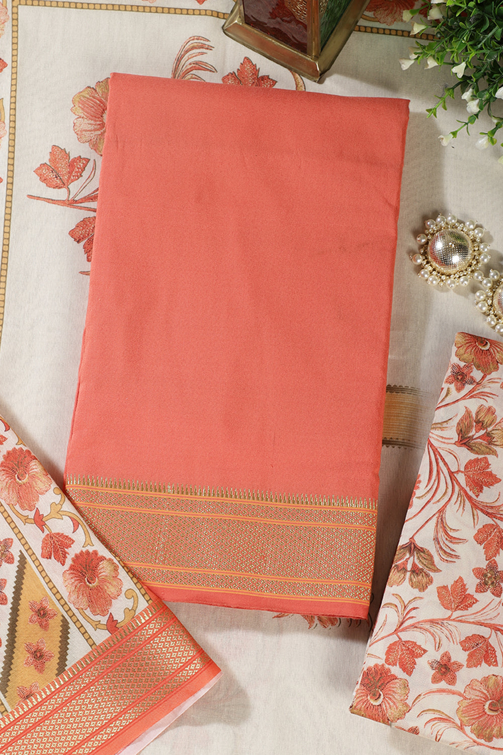 Peach Cotton Unstitched Suit Material With Floral Printed Dupatta & Salwar