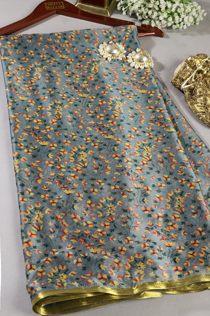 Grey Color Chiffon Floral Zari Border Printed Saree