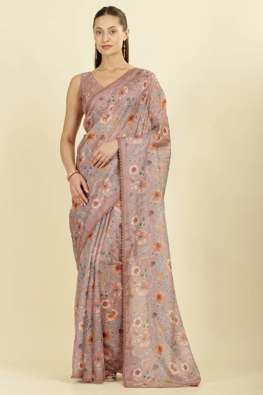 Light Brown Organza Floral Printed And Lace Work Saree