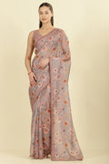 Light Brown Organza Floral Printed And Lace Work Saree