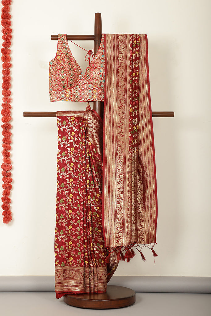 Maroon Silk Resham & Zari Woven Saree
