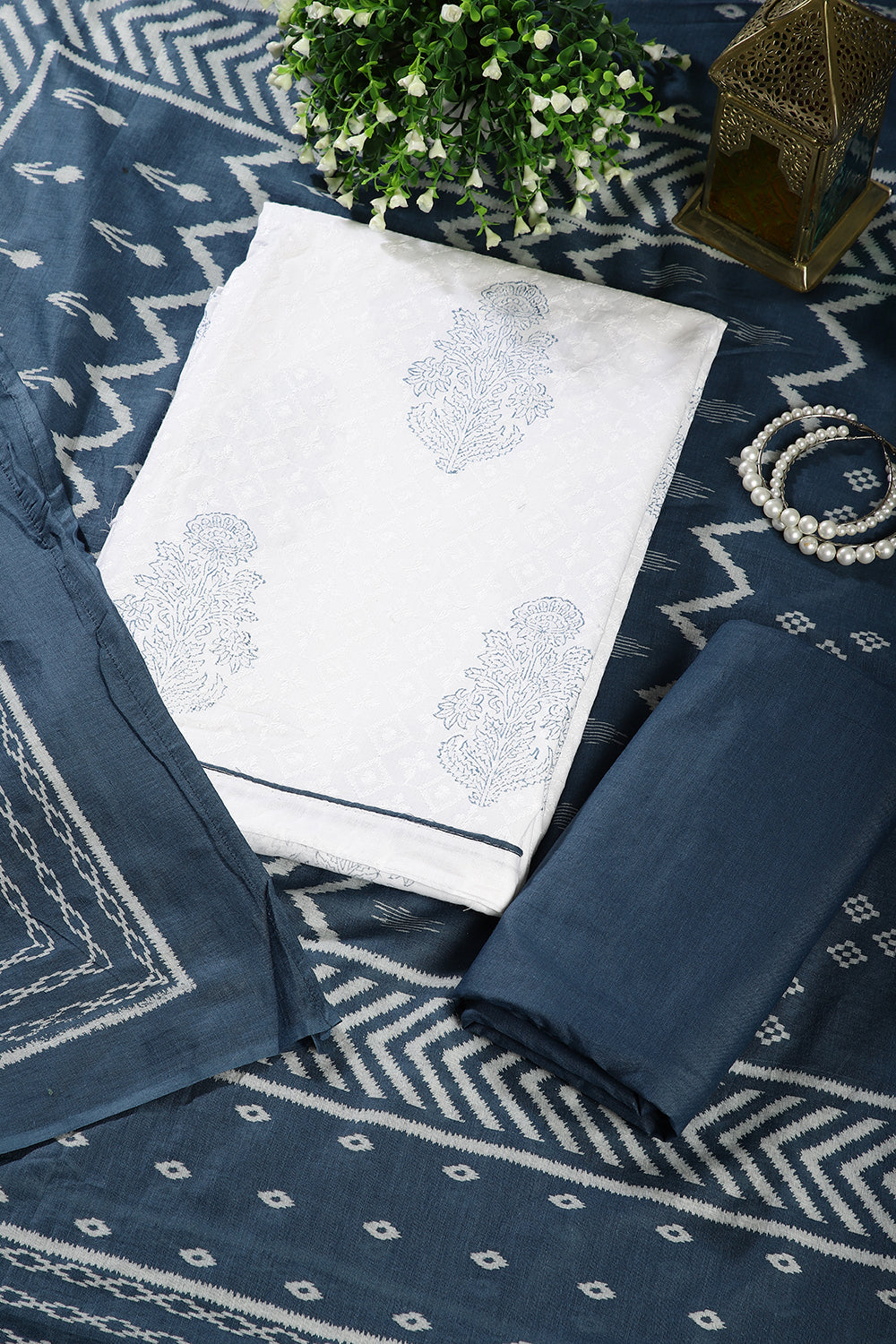 White & Indigo Color Cotton Printed Unstitched Suit