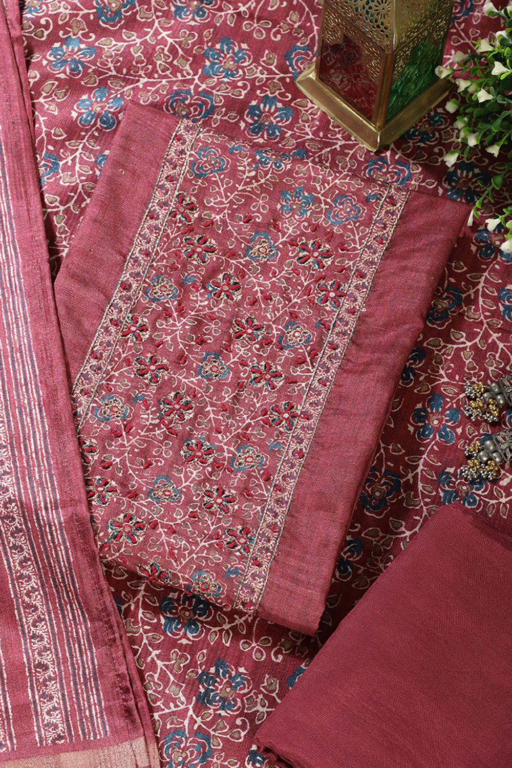 Light Maroon Chanderi Silk Mirror & Resham worked Unstitched Suit
