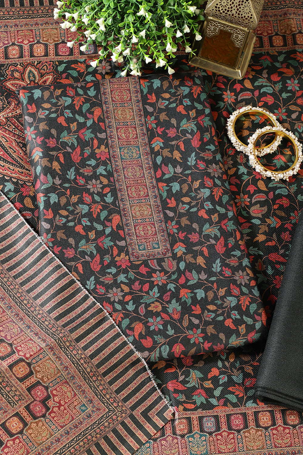 Bottle Green Pashmina Floral Printed Unstitched Suit Fabric
