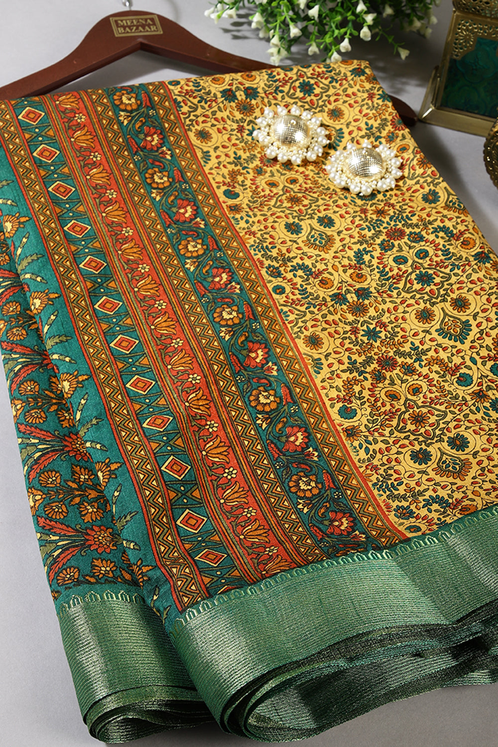 Mustard Color Tussar Silk Blossom Printed Saree