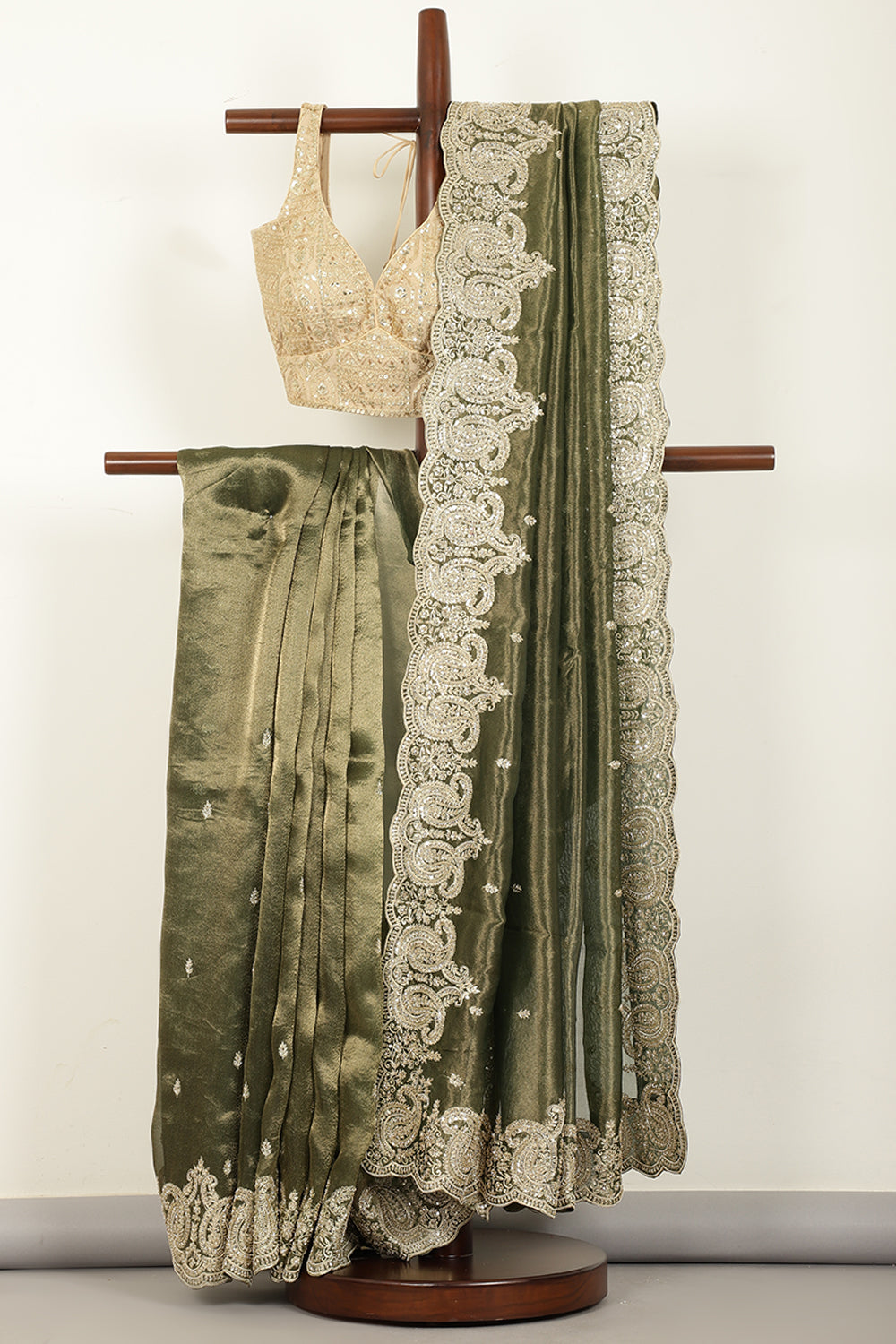 Mehandi Color Pure Tissue Handloom Saree with Sequence & Zardozi Handwork