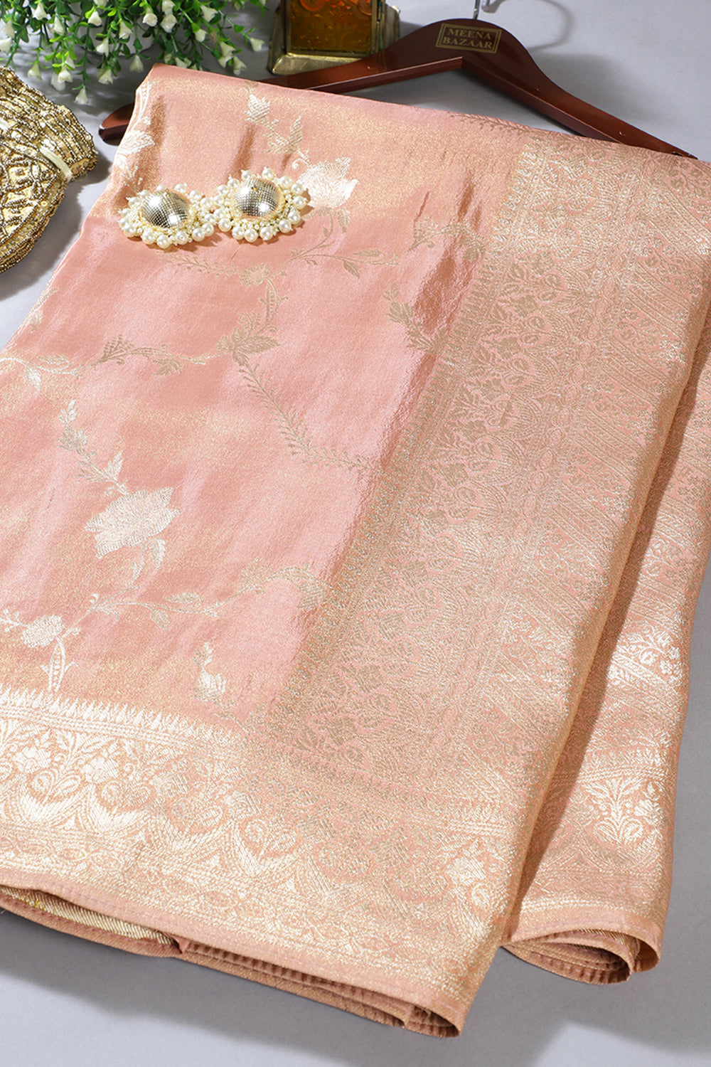 Baby Peach Banarasi Woven Silk Saree