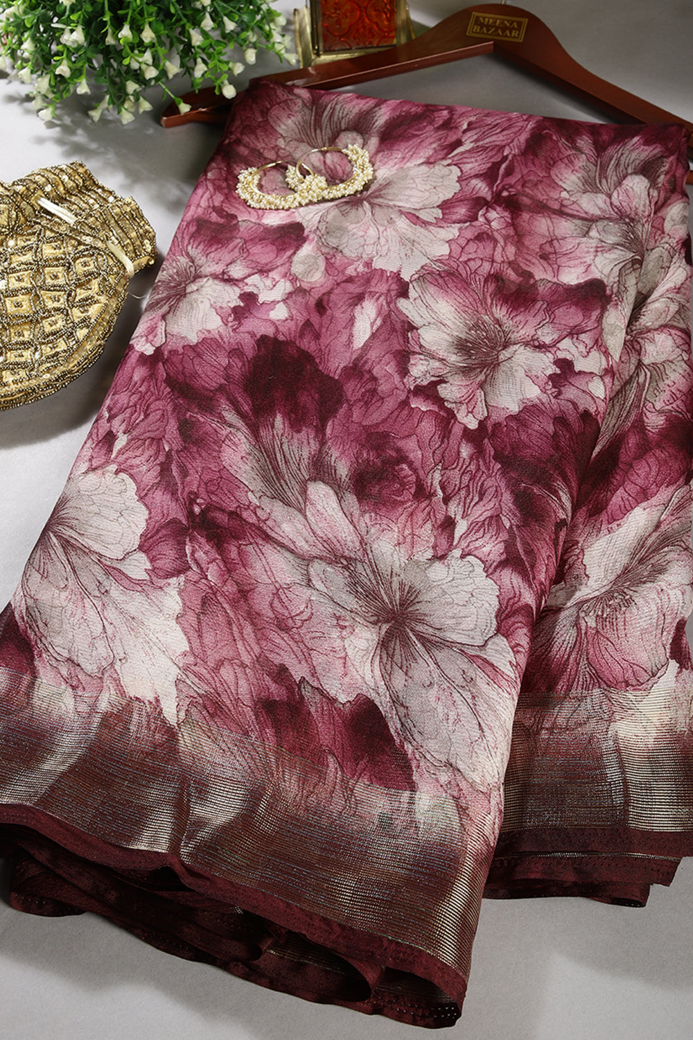 Wine Color Chiffon Floral Printed Saree