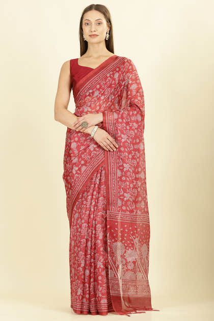 Maroon Kota Cotton Floral Jaal Printed Saree