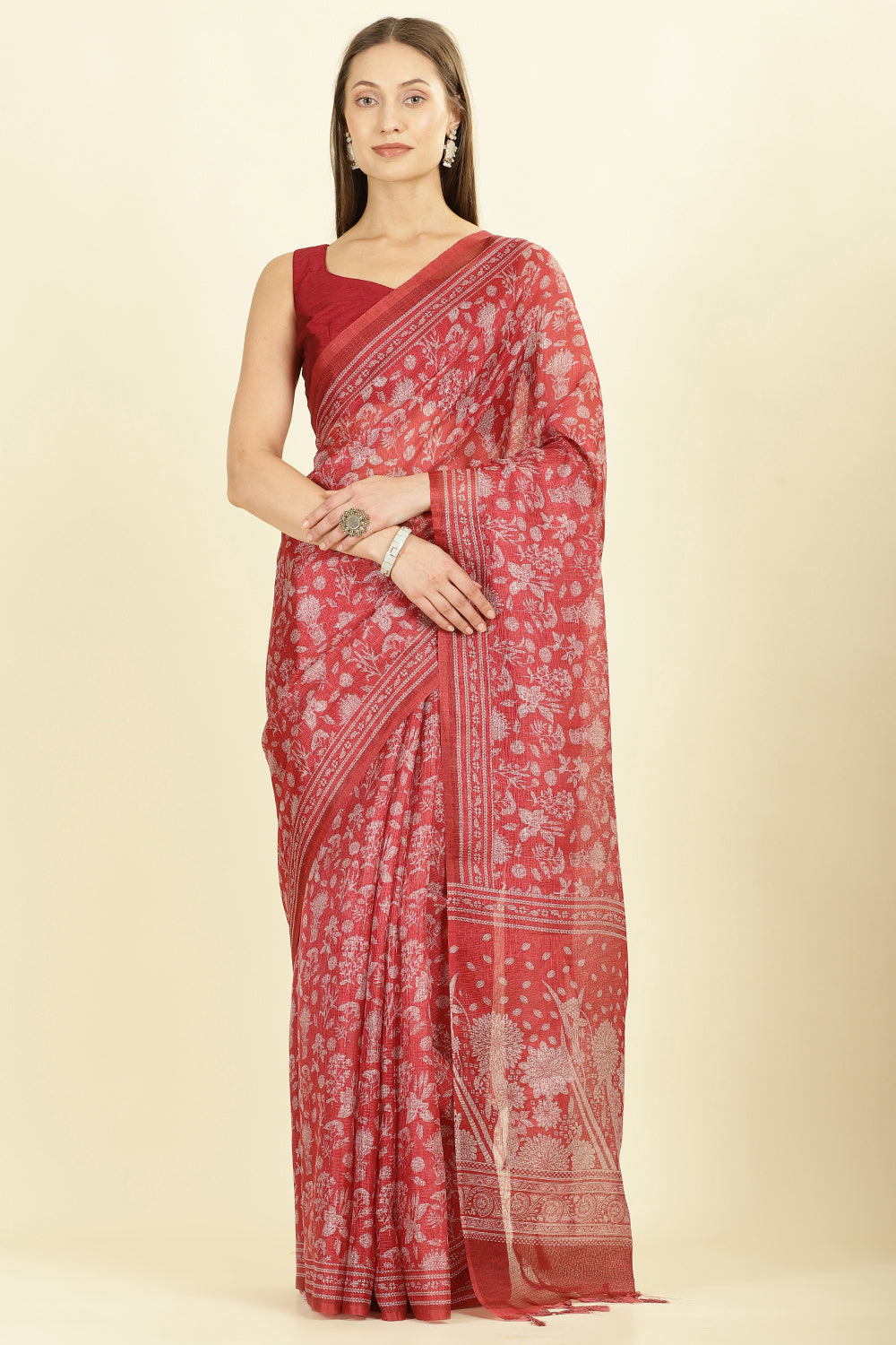 Maroon Kota Cotton Floral Jaal Printed Saree
