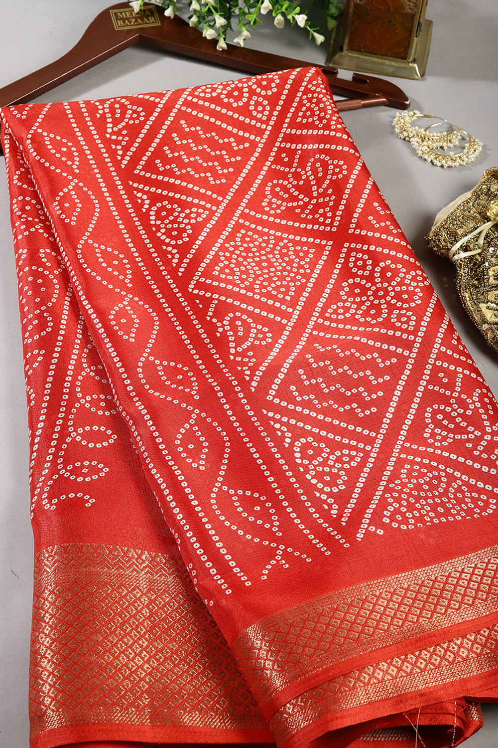 Red Color Block Printed Cotton Silk Saree
