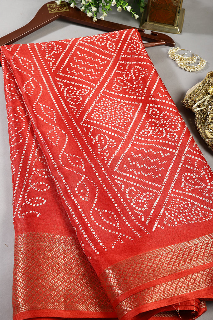 Red Color Block Printed Cotton Silk Saree
