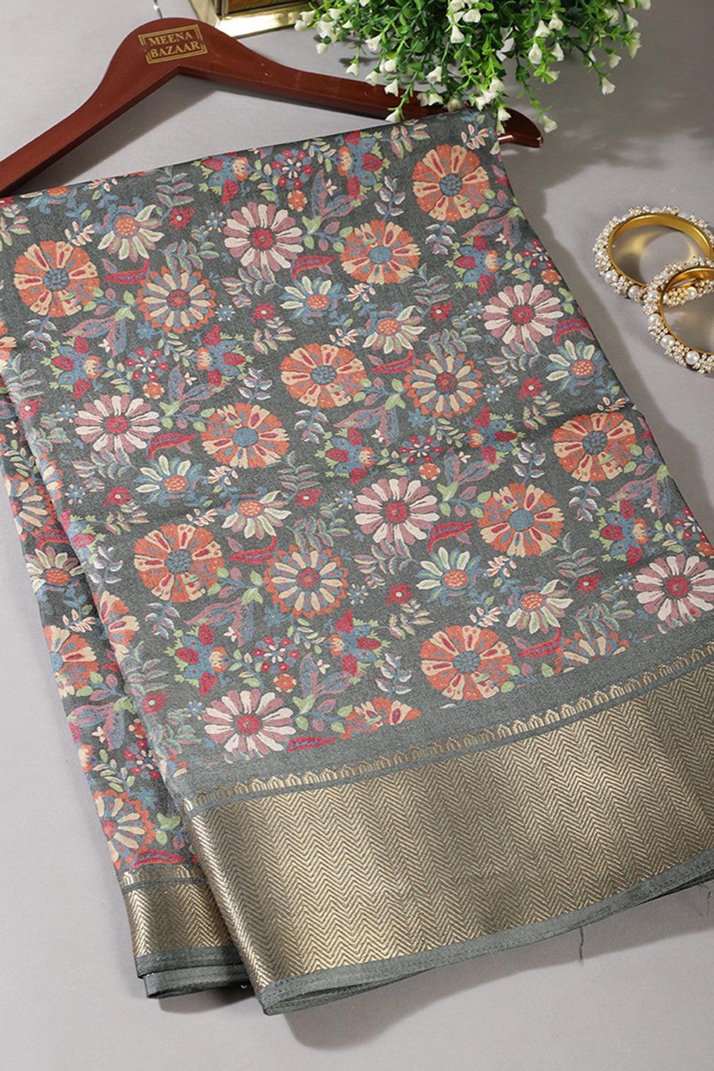 Sea Green Colour Floral Printed Cotton Silk Saree