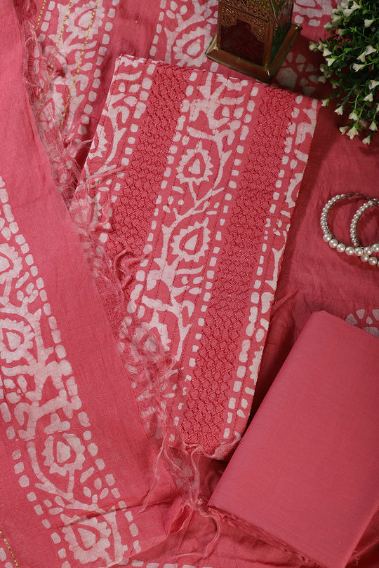Pink Cotton Printed And Resham Embroidered Unstitched Suit Material